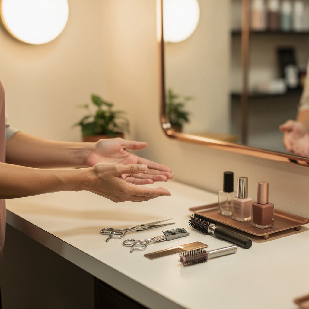 Copper Thimble Hair & Nail calm, natural-light styling station in our Fan District neighborhood salon in Richmond, VA