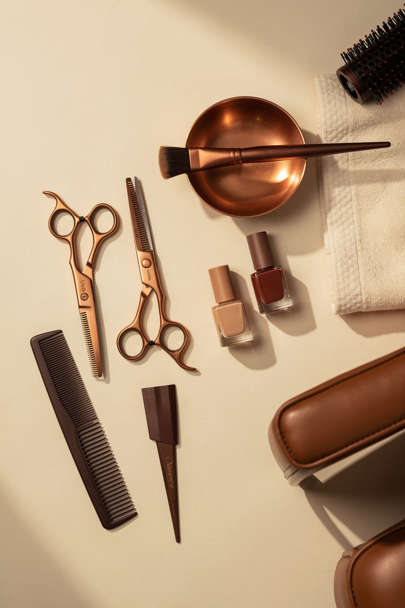 Copper Thimble Hair & Nail salon tools including scissors, color bowls, and nail polish in a warm neutral setting in Richmond, VA