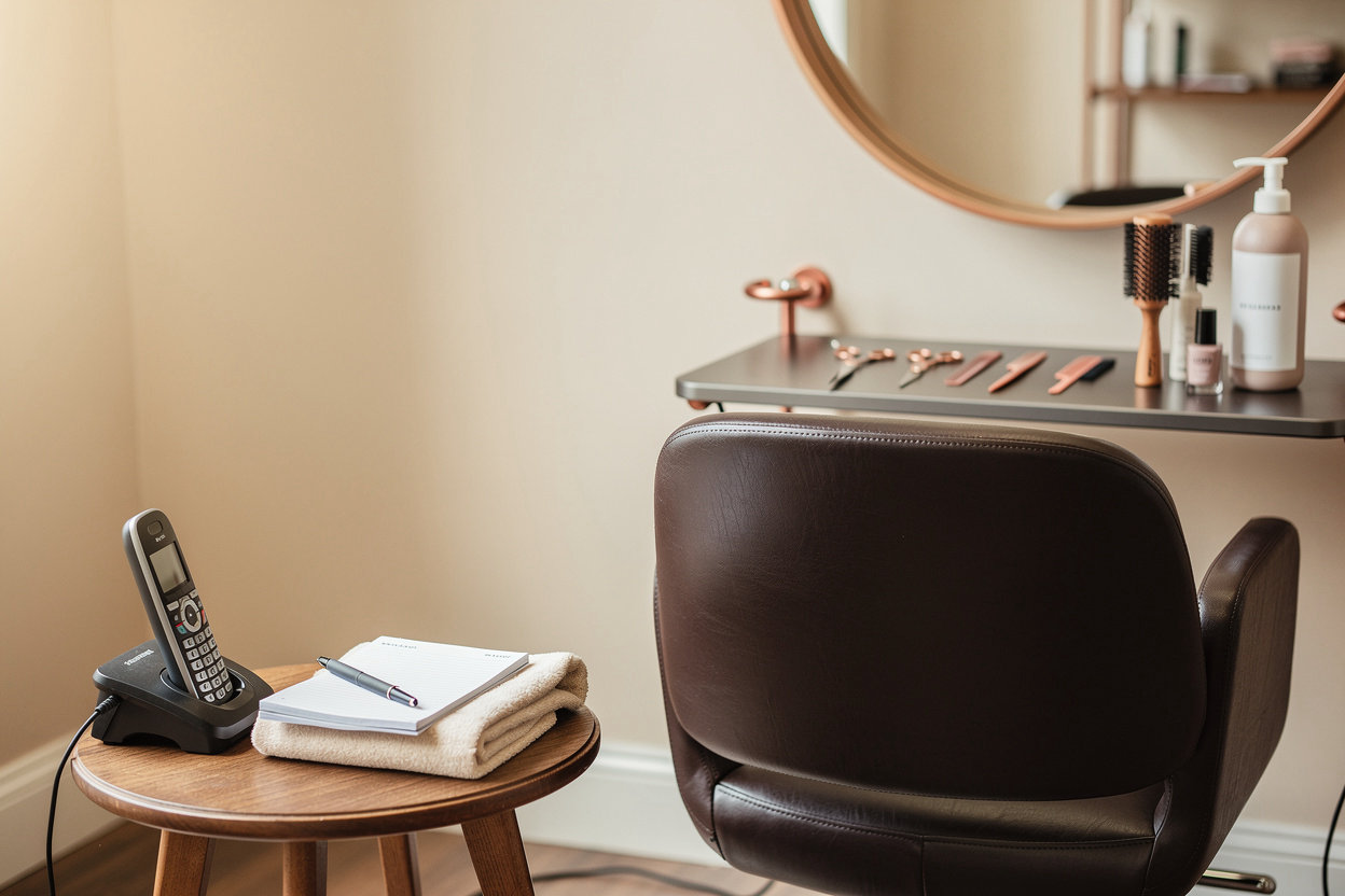 Copper Thimble Hair & Nail salon chair in soft natural light, a warm neighborhood hair and nail salon in the Fan District, Richmond, VA